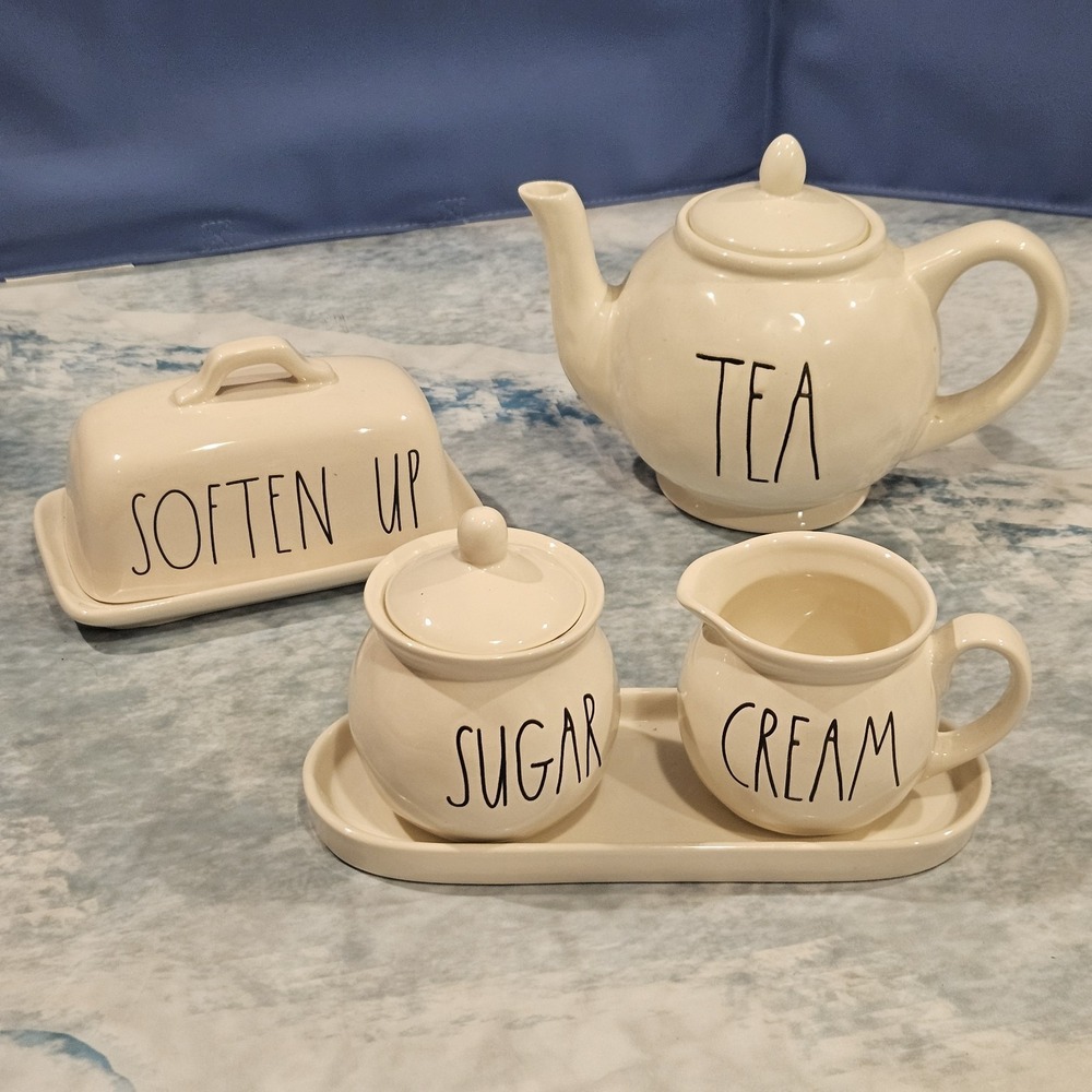 Rae Dunn Kitchen Set TEA Teapot Cream Sugar Butter Dish SOFTEN UP 5pc Artisan